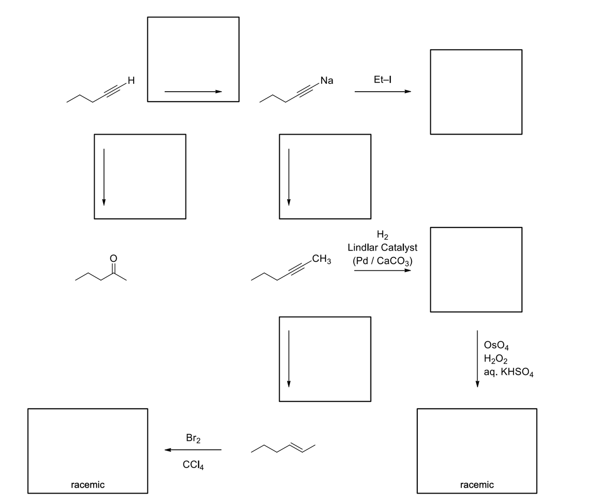 Na
Et-I
H2
Lindlar Catalyst
(Pd / CаCOз)
CH3
Os04
H202
aq. KHSO4
Br2
Cl4
racemic
racemic
