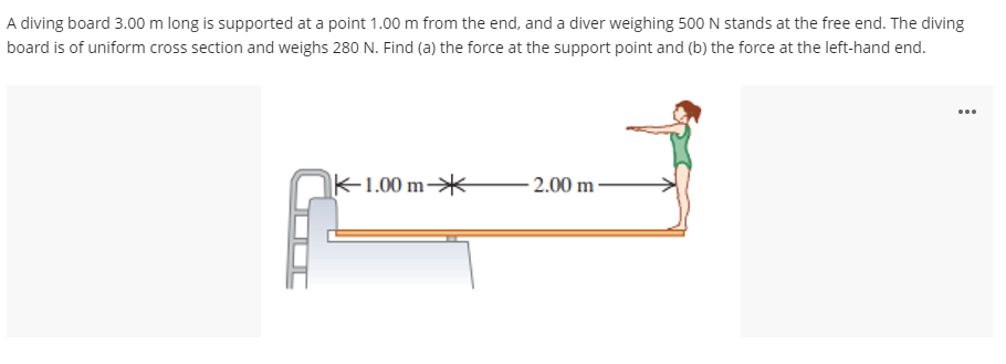 A diving board 3.00 m long is supported at a point 1.00 m from the end, and a diver weighing 500 N stands at the free end. The diving
board is of uniform cross section and weighs 280 N. Find (a) the force at the support point and (b) the force at the left-hand end.
K-1.00 m*
2.00 m-
