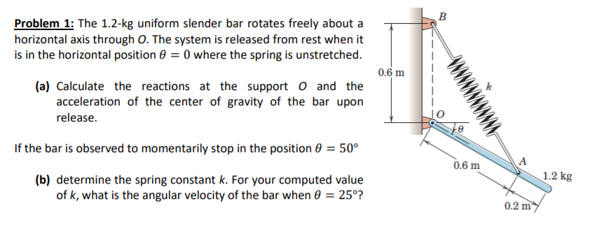 B
Problem 1: The 1.2-kg uniform slender bar rotates freely about a
horizontal axis through O. The system is released from rest when it
is in the horizontal position 0 = 0 where the spring is unstretched.
0.6 m
(a) Calculate the reactions at the support o and the
acceleration of the center of gravity of the bar upon
release.
If the bar is observed to momentarily stop in the position 0 = 50°
A
1.2 kg
0.6 m
(b) determine the spring constant k. For your computed value
of k, what is the angular velocity of the bar when 0 = 25°?
0.2 m
