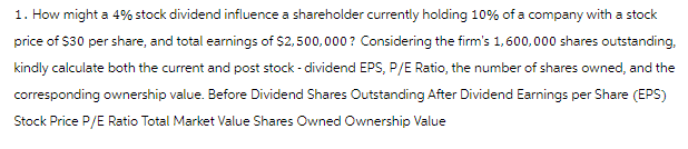 1. How might a 4% stock dividend influence a shareholder currently holding 10% of a company with a stock
price of $30 per share, and total earnings of $2,500,000? Considering the firm's 1,600,000 shares outstanding,
kindly calculate both the current and post stock - dividend EPS, P/E Ratio, the number of shares owned, and the
corresponding ownership value. Before Dividend Shares Outstanding After Dividend Earnings per share (EPS)
Stock Price P/E Ratio Total Market Value Shares Owned Ownership Value