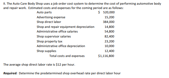 II. The Auto Care Body Shop uses a job order cost system to determine the cost of performing automotive body
and repair work. Estimated costs and expenses for the coming period are as follows:
Auto parts
$ 520,000
Advertising expense
Shop direct labor
Shop and repair equipment depreciation
Administrative office salaries
Shop supervisor salaries
Shop property tax
Administrative office depreciation
Shop supplies
Total costs and expenses
15,200
384,000
14,800
54,800
82,400
23,200
10,000
12,400
$1,116,800
The average shop direct labor rate is $12 per hour.
Required: Determine the predetermined shop overhead rate per direct labor hour