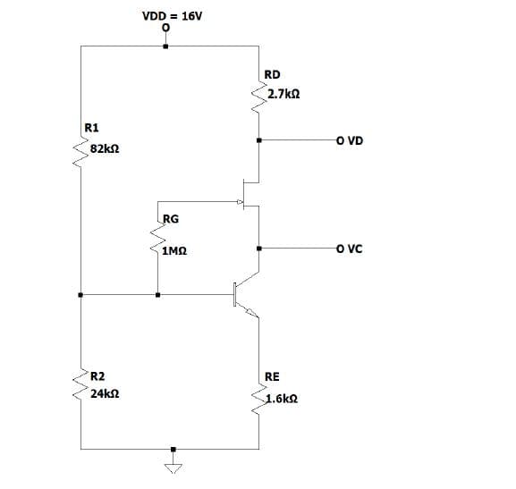 VDD = 16V
RD
2.7ka
R1
82kn
O VD
RG
1MQ
o vc
R2
RE
24kn
1.6k2
