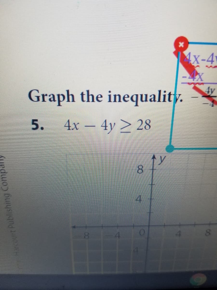 ### Graph the Inequality

**Problem 5:**

Graph the inequality:

\[ 4x - 4y \geq 28 \]

**Solution Steps:**

1. **Rewrite the Inequality:**

   To make it easier to graph, rewrite the inequality in slope-intercept form \( (y = mx + b) \).

   \[
   4x - 4y \geq 28
   \]

   Subtract \( 4x \) from both sides:

   \[
   -4y \geq -4x + 28
   \]

   Divide every term by \(-4\) (note that this reverses the inequality sign):

   \[
   y \leq x - 7
   \]

2. **Graph the Line: \( y = x - 7 \):**

   - This is a straight line with a slope of \( 1 \) and a y-intercept of \(-7\).
   - Plot the y-intercept \((0, -7)\).
   - Use the slope to find another point: from \((0, -7)\), go up 1 unit and right 1 unit to the point \((1, -6)\).
   - Draw the line through these points. Use a solid line because the inequality is \(\leq\).

3. **Shade the Appropriate Area:**

   - Since it is \( y \leq x - 7 \), shade the area below the line to represent the solution set.

**Graph Details:**

- The x-axis ranges approximately from \(-8\) to \(8\).
- The y-axis ranges approximately from \(-8\) to \(8\).
- The inequality is graphed on this coordinate plane with the line described above and shading below it.