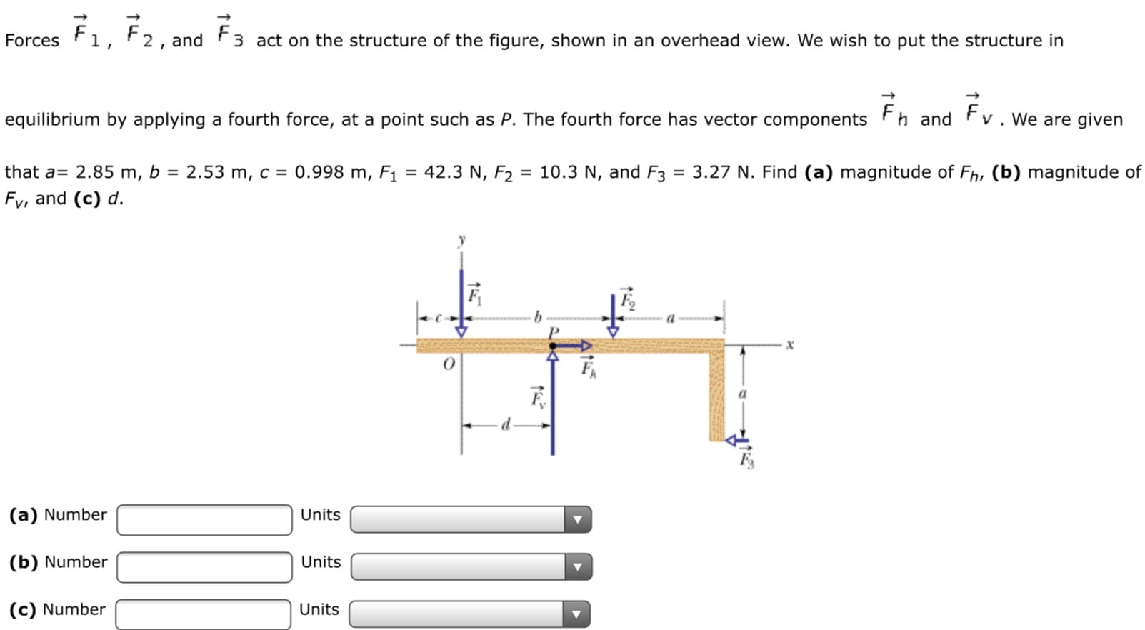 Forces
F1, F2, and F3 act on the structure of the figure, shown in an overhead view. We wish to put the structure in
equilibrium by applying a fourth force, at a point such as P. The fourth force has vector components
Fh and Fv . We are given
that a= 2.85 m, b = 2.53 m, c = 0.998 m, F1 = 42.3 N, F2 = 10.3 N, and F3
3.27 N. Find (a) magnitude of Fh, (b) magnitude of
%3D
Fy, and (c) d.
(a) Number
Units
(b) Number
Units
(c) Number
Units
