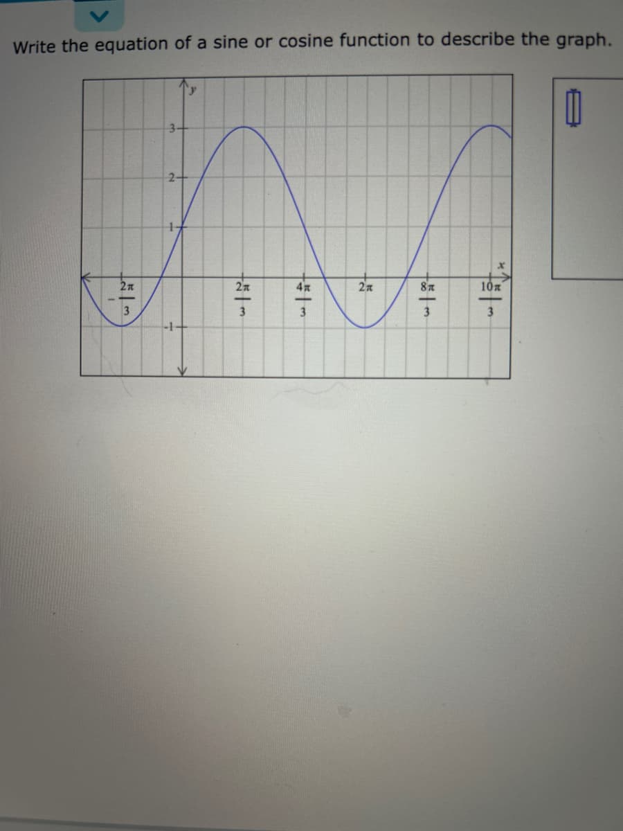 Write the equation of a sine or cosine function to describe the graph.
2-
A
2n
3
|2|3
y
2n
+ #1 m
3
2x
tool m
8π
3
10 π
3
0