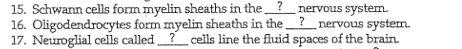 15. Schwann cells form myelin sheaths in the_?_nervous system.
16. Oligodendrocytes form myelin sheaths in the?_nervous system.
17. Neuroglial cells called?_cells line the fluid spaces of the brain.
