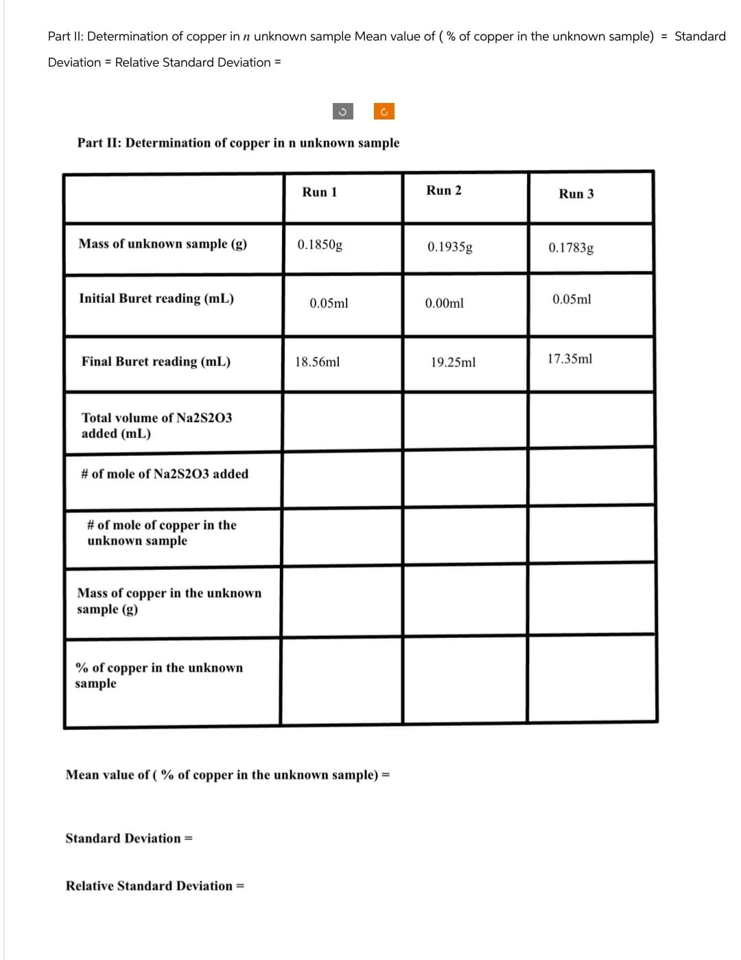 Part II: Determination of copper in n unknown sample Mean value of (% of copper in the unknown sample) = Standard
Deviation Relative Standard Deviation =
ง
C
Part II: Determination of copper in n unknown sample
Run 1
Run 2
Run 3
Mass of unknown sample (g)
0.1850g
0.1935g
0.1783g
Initial Buret reading (mL)
0.05ml
0.00ml
0.05ml
Final Buret reading (mL)
18.56ml
19.25ml
17.35ml
Total volume of Na2S2O3
added (mL)
# of mole of Na2S2O3 added
# of mole of copper in the
unknown sample
Mass of copper in the unknown
sample (g)
% of copper in the unknown
sample
Mean value of (% of copper in the unknown sample) =
Standard Deviation =
Relative Standard Deviation =