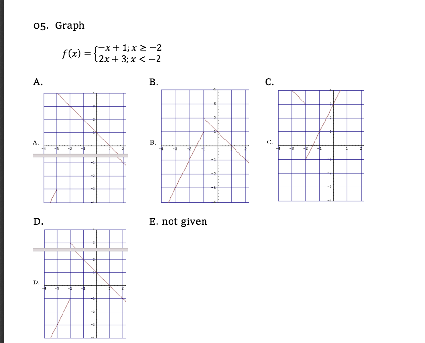 05. Graph
f(x):
S-x + 1; x 2 -2
2х + 3;B х < -2
А.
В.
С.
A.
В.
С.
D.
E. not given
D.
