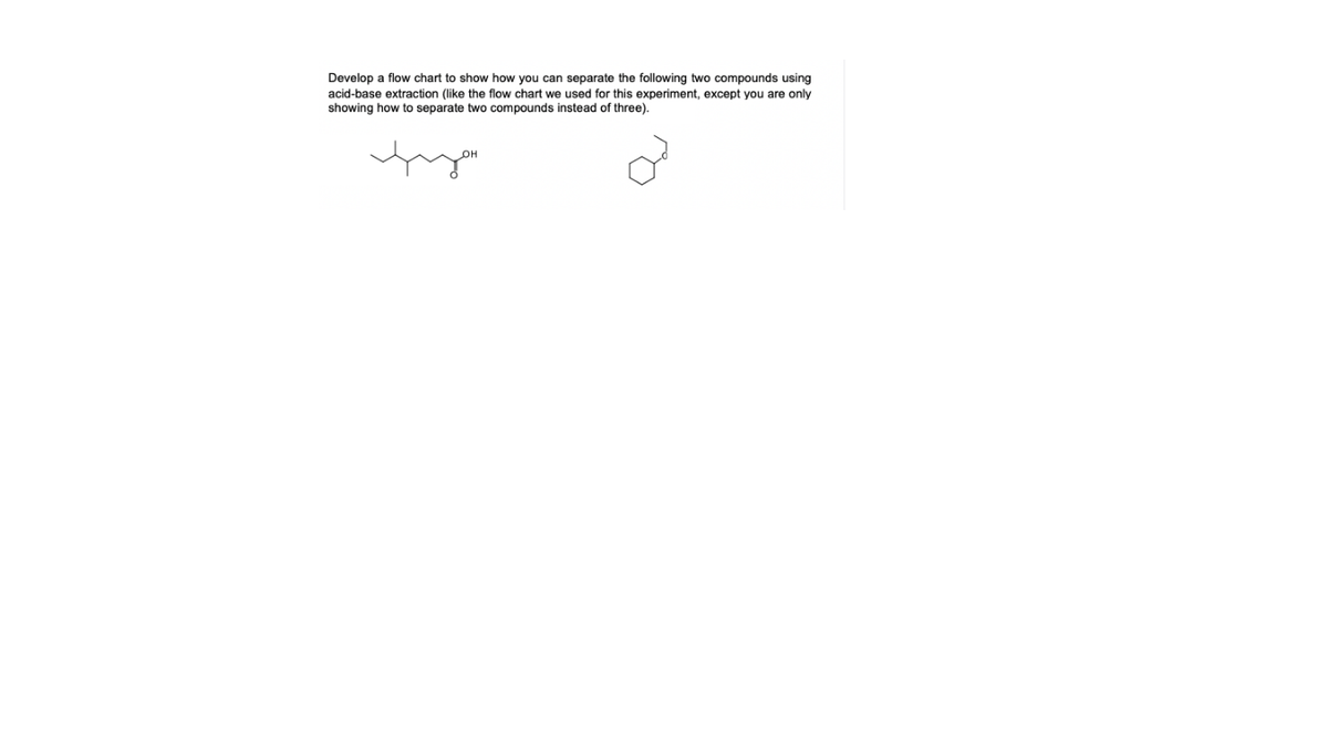 Develop a flow chart to show how you can separate the following two compounds using
acid-base extraction (like the flow chart we used for this experiment, except you are only
showing how to separate two compounds instead of three).
OH
