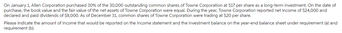 On January 1, Allen Corporation purchased 30% of the 30,000 outstanding common shares of Towne Corporation at $17 per share as a long-term investment. On the date of
purchase, the book value and the fair value of the net assets of Towne Corporation were equal. During the year, Towne Corporation reported net income of $24,000 and
declared and paid dividends of $8,000. As of December 31, common shares of Towne Corporation were trading at $20 per share.
Please Indicate the amount of income that would be reported on the income statement and the investment balance on the year-end balance sheet under requirement (a) and
requirement (b).