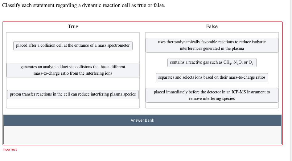 Classify each statement regarding a dynamic reaction cell as true or false.
True
False
uses thermodynamically favorable reactions to reduce isobaric
placed after a collision cell at the entrance of a mass spectrometer
interferences generated in the plasma
contains a reactive gas such as CH4, N,0, or O,
generates an analyte adduct via collisions that has a different
mass-to-charge ratio from the interfering ions
separates and selects ions based on their mass-to-charge ratios
placed immediately before the detector in an ICP-MS instrument to
proton transfer reactions in the cell can reduce interfering plasma species
remove interfering species
Answer Bank
Incorrect
