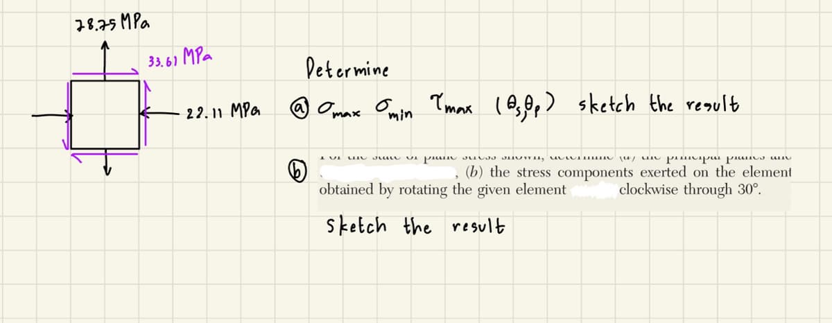 78.75 мра
33.61 MPa
22.11 MPG
Determine
@ Omax Omin Tmax (@s, @p) sketch the result
JLULL e pain wel, w
un pipar places an
B
, (b) the stress components exerted on the element
obtained by rotating the given element clockwise through 30°.
Sketch the result