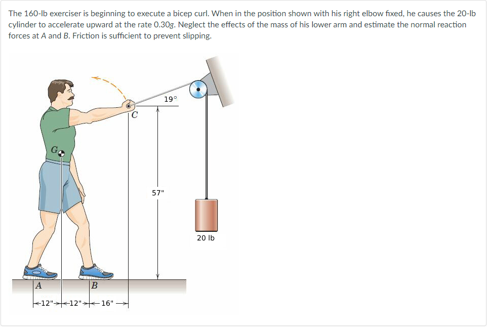 The 160-lb exerciser is beginning to execute a bicep curl. When in the position shown with his right elbow fixed, he causes the 20-lb
cylinder to accelerate upward at the rate 0.30g. Neglect the effects of the mass of his lower arm and estimate the normal reaction
forces at A and B. Friction is sufficient to prevent slipping.
B
A
<12" 12" 16"
19°
57"
20 lb