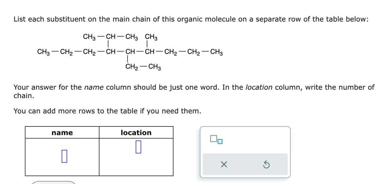 List each substituent on the main chain of this organic molecule on a separate row of the table below:
CH3-CH-CH3 CH3
CH3 CH2 CH2-CH-CH-CH-CH2-CH2-CH3
CH2-CH3
Your answer for the name column should be just one word. In the location column, write the number of
chain.
You can add more rows to the table if you need them.
name
☐
location