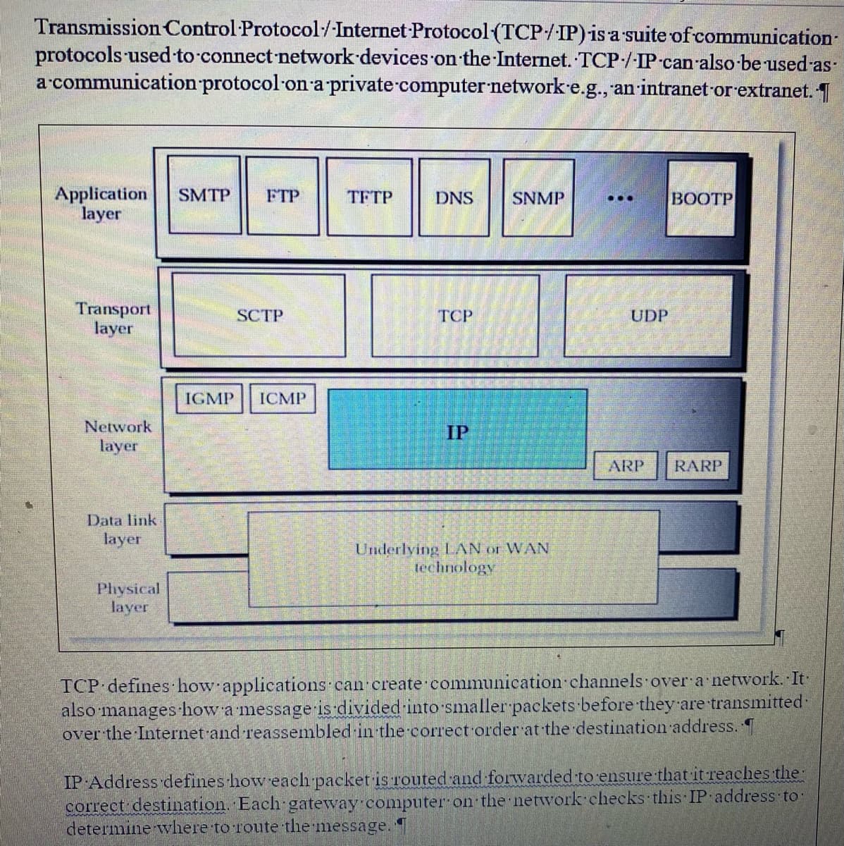 Transmission Control Protocol/-Internet Protocol(TCP/IP) is a suite of communication-
protocols used-to connect network devices on the Internet. TCP/IP can-also-be used-as-
a-communication protocol·on-a private computer network e.g., an-intranet or extranet. 1
Application
layer
SMTP
FTP
TFTP
DNS
SNMP
ВООТР
...
Transport
layer
SCTP
TCP
UDP
IGMP
ICMP
Network
layer
IP
ARP
RARP
Data link
layer
Underlying LAN or WAN
technology
Physical
layer
TCP defines how applications can create communication channels over a network. It
also manages how a message is divided into smaller packets before they are transmitted·
over the Internet and reassembled in the correct order at the destination address.
IP Address defines how each packet is routed and forwarded to ensure that it reaches the
correct destination. Each gateway computer on the network checks this IP address to
determine where to route the message.
