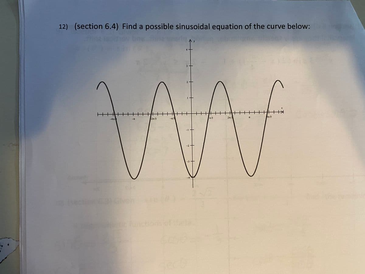 12) (section 6.4) Find a possible sinusoidal equation of the curve below:
2n/3
An3
T/3
TC
2n/3
-3
2.
