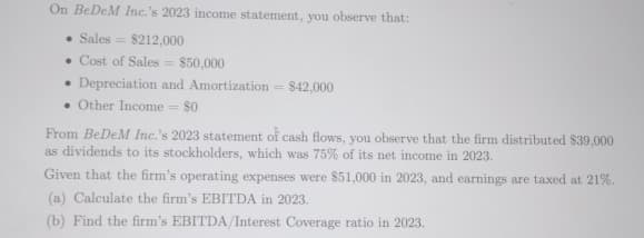 On BeDeM Inc.'s 2023 income statement, you observe that:
Sales
$212,000
Cost of Sales = $50,000
Depreciation and Amortization
.
Other Income
$0
= $42,000
From BeDeM Inc.'s 2023 statement of cash flows, you observe that the firm distributed $39,000
as dividends to its stockholders, which was 75% of its net income in 2023.
Given that the firm's operating expenses were $51,000 in 2023, and earnings are taxed at 21%.
(a) Calculate the firm's EBITDA in 2023.
(b) Find the firm's EBITDA/Interest Coverage ratio in 2023.