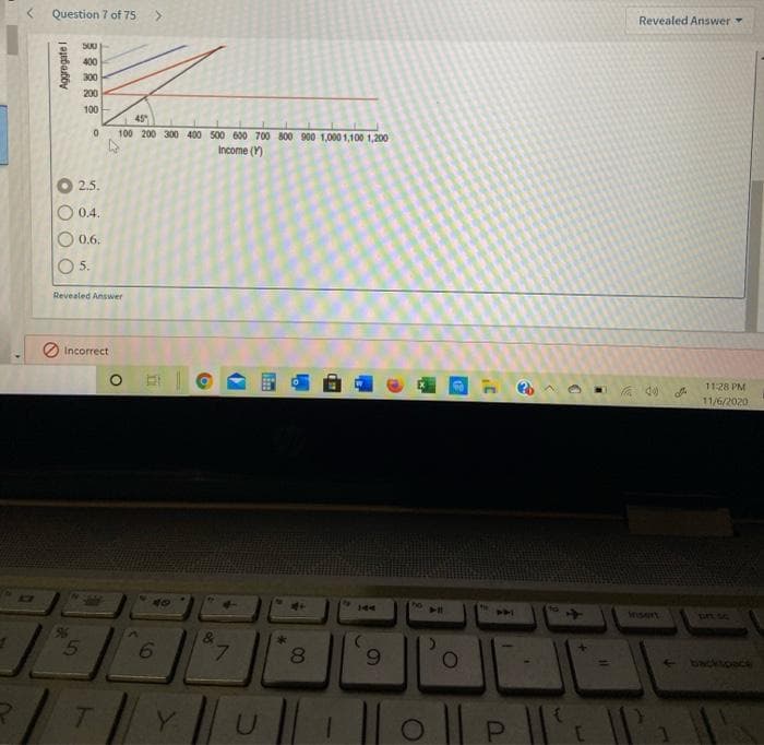 < Question 7 of 75 >
Aggregate I
500
400
300
200
1001
0
45
100 200 300 400 500 600 700 800 900 1,000 1,100 1,200
Income (Y)
2.5.
0.4.
0.6.
5.
Revealed Answer
Incorrect
о
D
996
5
6
8
7
R
T
Y
U
*
i
E
144
P0
+11
41
8
9
0
P
4
Revealed Answer
11
8
11:28 PM
11/6/2020
Insert
DIE SC
backspace