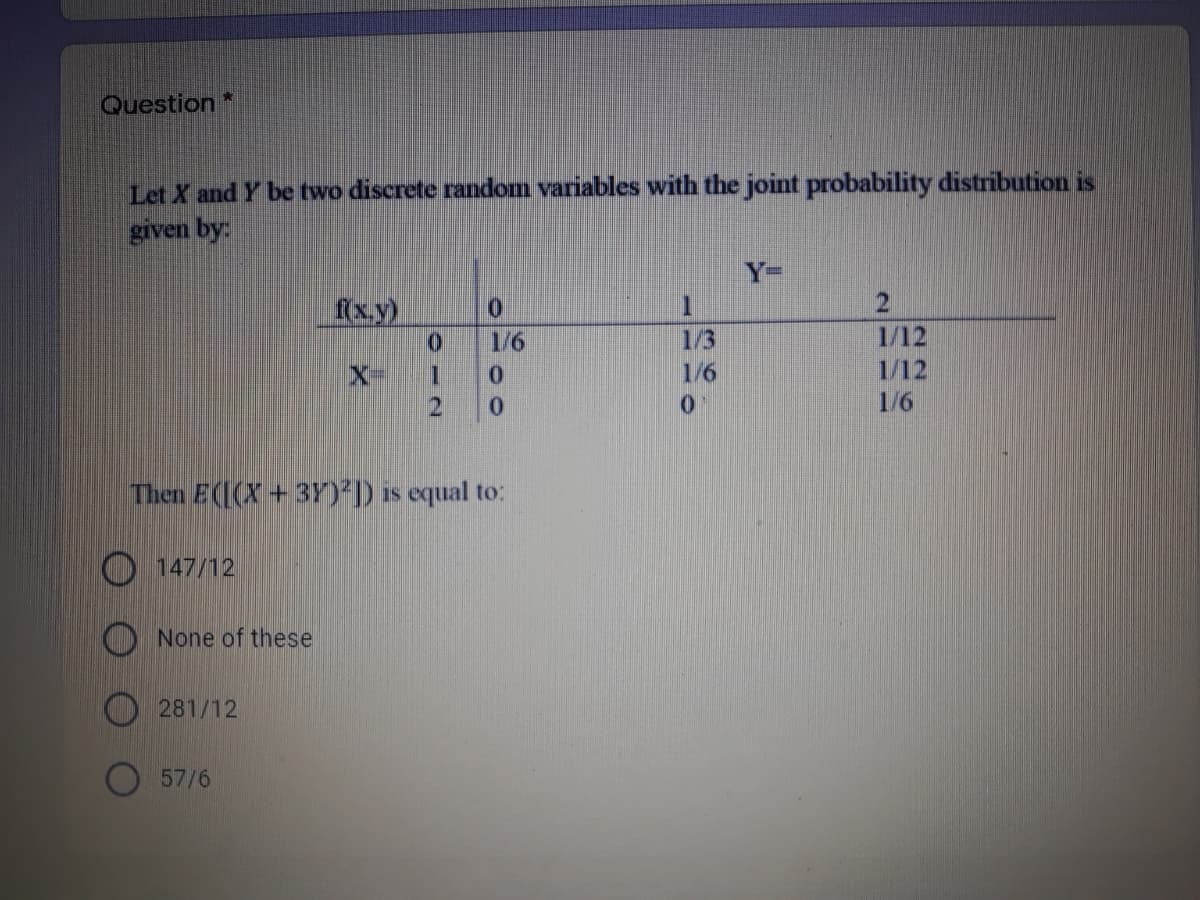 Question*
Let X and Y be two discrete random variables with the joint probability distribution is
given by:
fxy)
1/12
1/12
1/6
1/3
0.
1/6
21
0.
0.
1/6
Then E(I(X+3Y)*) is equal to:
O 147/12
None of these
281/12
57/6
