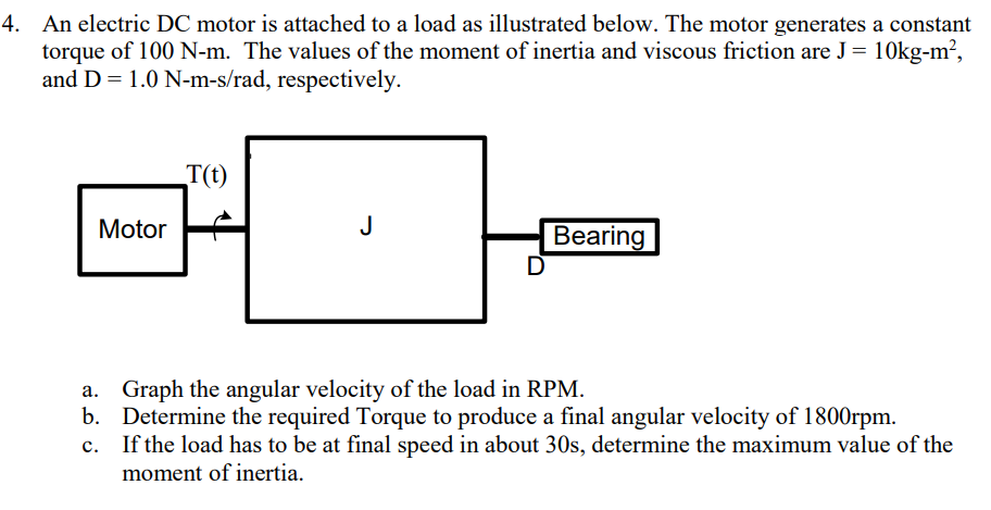 4. An electric DC motor is attached to a load as illustrated below. The motor generates a constant
torque of 100 N-m. The values of the moment of inertia and viscous friction are J = 10kg-m²,
and D = 1.0 N-m-s/rad, respectively.
T(t)
Motor
J
Bearing
D
a. Graph the angular velocity of the load in RPM.
b. Determine the required Torque to produce a final angular velocity of 1800rpm.
c. If the load has to be at final speed in about 30s, determine the maximum value of the
moment of inertia.
