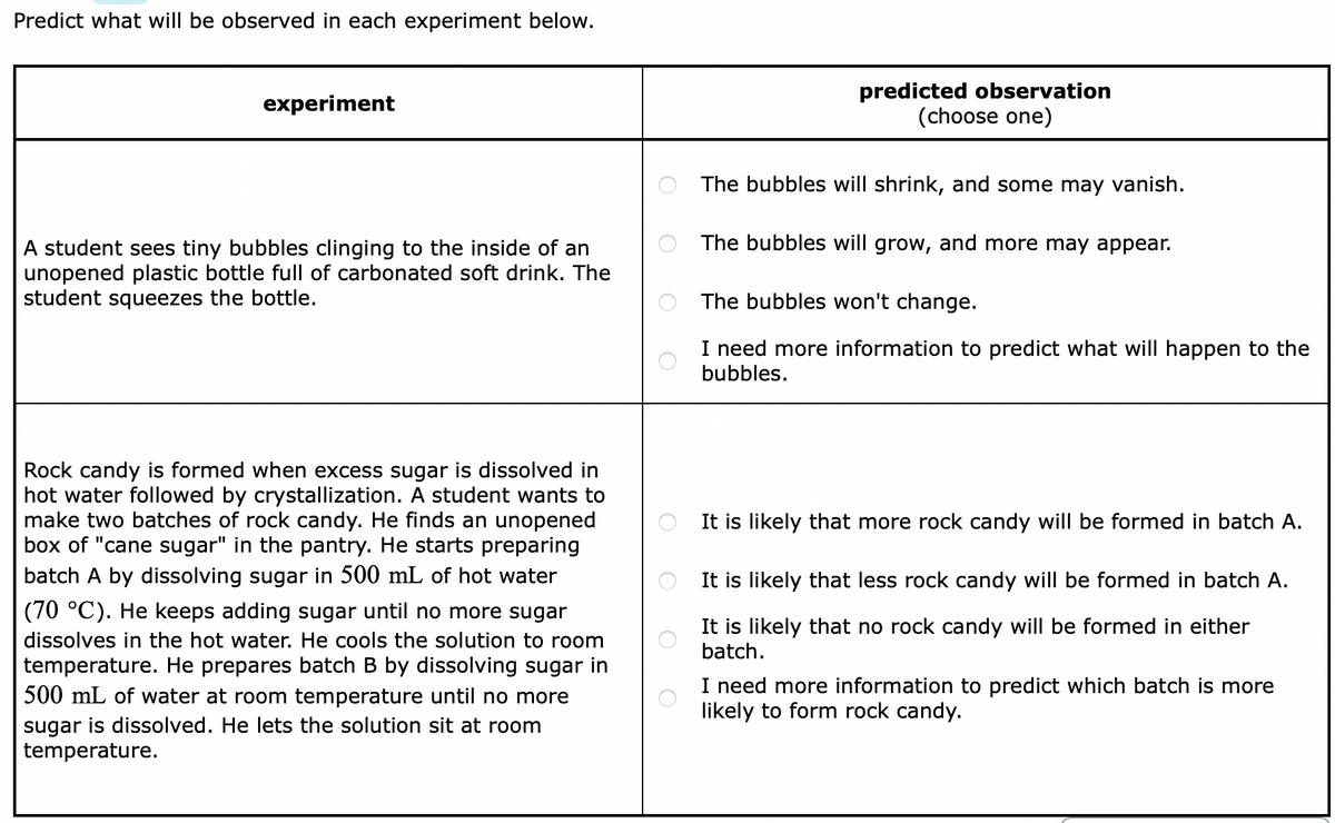 Predict what will be observed in each experiment below.
predicted observation
(choose one)
experiment
The bubbles will shrink, and some may vanish.
The bubbles will grow, and more may appear.
A student sees tiny bubbles clinging to the inside of an
unopened plastic bottle full of carbonated soft drink. The
student squeezes the bottle.
The bubbles won't change.
I need more information to predict what will happen to the
bubbles.
Rock candy is formed when excess sugar is dissolved in
hot water followed by crystallization. A student wants to
make two batches of rock candy. He finds an unopened
box of "cane sugar" in the pantry. He starts preparing
batch A by dissolving sugar in 500 mL of hot water
It is likely that more rock candy will be formed in batch A.
It is likely that less rock candy will be formed in batch A.
(70 °C). He keeps adding sugar until no more sugar
dissolves in the hot water. He cools the solution to room
temperature. He prepares batch B by dissolving sugar in
500 mL of water at room temperature until no more
It is likely that no rock candy will be formed in either
batch.
I need more information to predict which batch is more
likely to form rock candy.
sugar is dissolved. He lets the solution sit at room
temperature.
