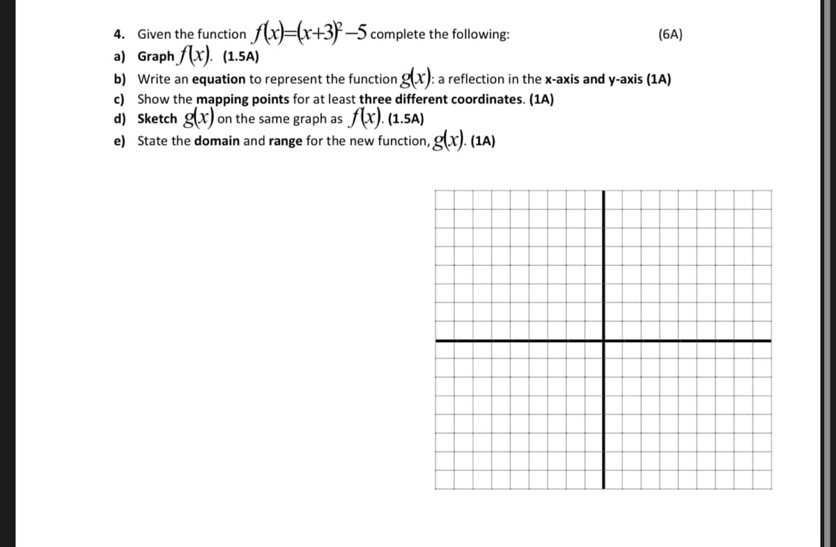 4. Given the function f(x)=(x+3} -5 complete the following:
a) Graph f(x). (1.5A)
b) Write an equation to represent the function gx): a reflection in the x-axis and y-axis (1A)
c) Show the mapping points for at least three different coordinates. (1A)
d) Sketch gx) on the same graph as f(x). (1.5A)
e) State the domain and range for the new function, gx). (1A)
(6A)
