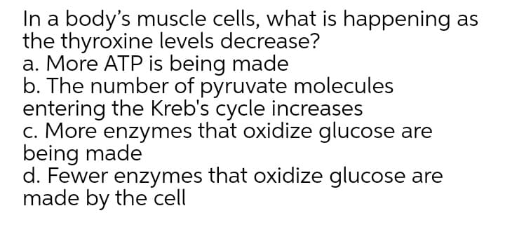 In a body's muscle cells, what is happening as
the thyroxine levels decrease?
a. More ATP is being made
b. The number of pyruvate molecules
entering the Kreb's cycle increases
c. More enzymes that oxidize glucose are
being made
d. Fewer enzymes that oxidize glucose are
made by the cell
