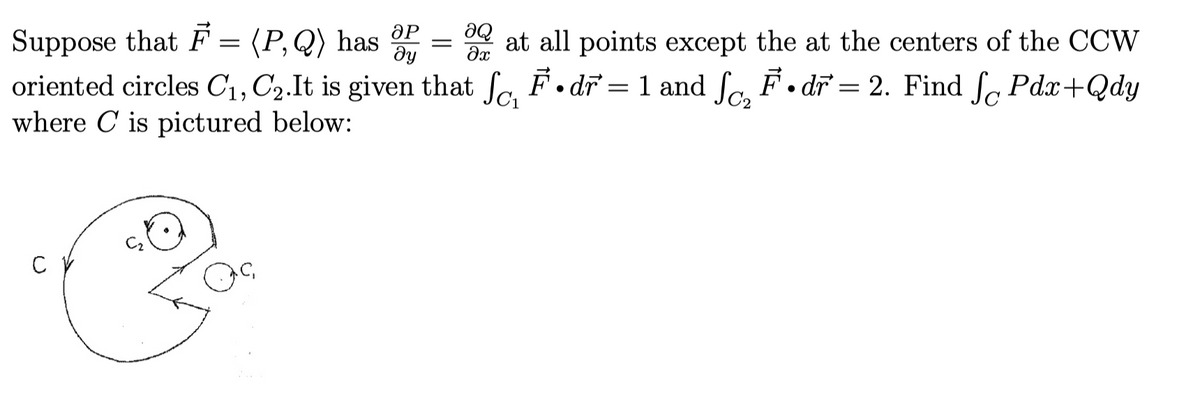 ар ƏQ
Suppose that F = (P,Q) has P = 8 at all points except the at the centers of the CCW
ду əx
oriented circles C₁, C₂.It is given that fc, F• dr = 1 and fc₂F • dr = 2. Find f Pdx+Qdy
where Cis pictured below:
су