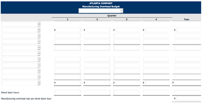 ATLANTA COMPANY
Manufacturing Overhead Budget
Quarter
Year
24
Direct labor hours
Manufacturing overhead rate per direct labor hour
