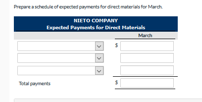 Prepare a schedule of expected payments for direct materials for March.
NIETO COMPANY
Expected Payments for Direct Materials
March
Total payments
%24
%24
>
>
