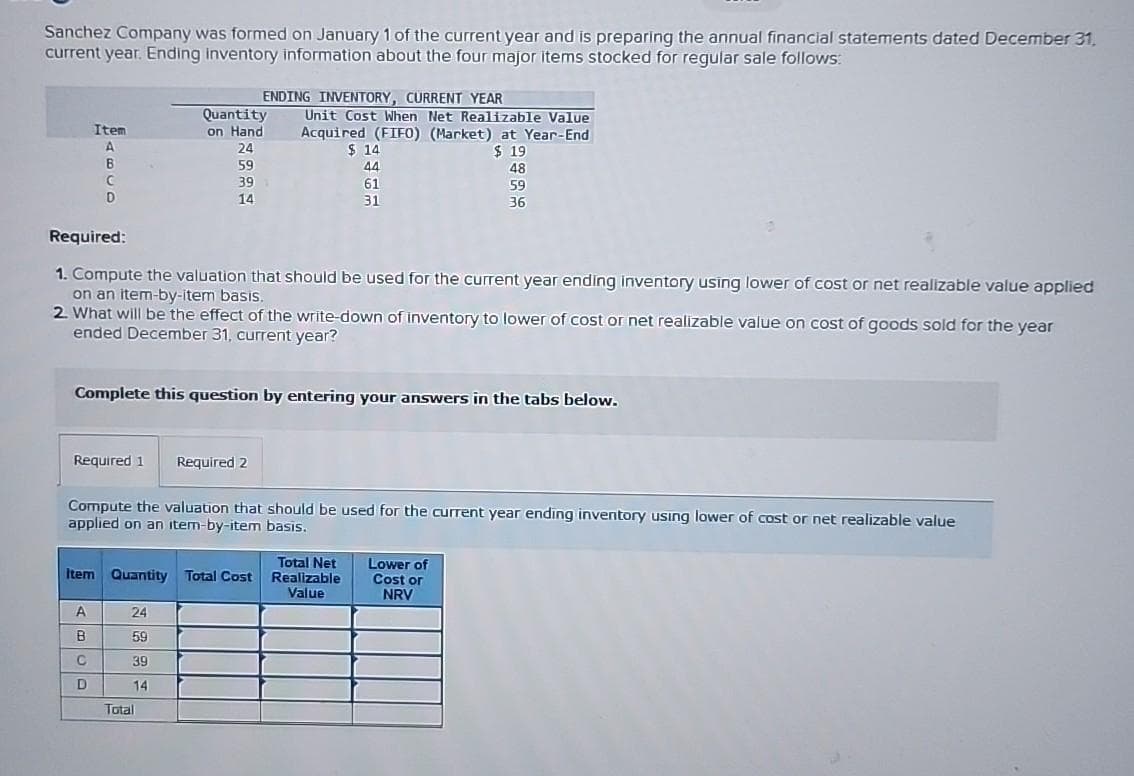 Sanchez Company was formed on January 1 of the current year and is preparing the annual financial statements dated December 31,
current year. Ending inventory information about the four major items stocked for regular sale follows:
Item
A
B
C
D
Quantity
on Hand
24
59
39
14
ENDING INVENTORY, CURRENT YEAR
Required:
1. Compute the valuation that should be used for the current year ending inventory using lower of cost or net realizable value applied
on an item-by-item basis.
Required 1 Required 2
A
B
C
D
2. What will be the effect of the write-down of inventory to lower of cost or net realizable value on cost of goods sold for the year
ended December 31, current year?
Unit Cost When Net Realizable Value
Acquired (FIFO) (Market) at Year-End
$ 19
48
59
36
Complete this question by entering your answers in the tabs below.
24
59
39
14
Total
$14
44
61
31
Compute the valuation that should be used for the current year ending inventory using lower of cost or net realizable value
applied on an item-by-item basis.
Total Net
Item Quantity Total Cost Realizable
Value
Lower of
Cost or
NRV
