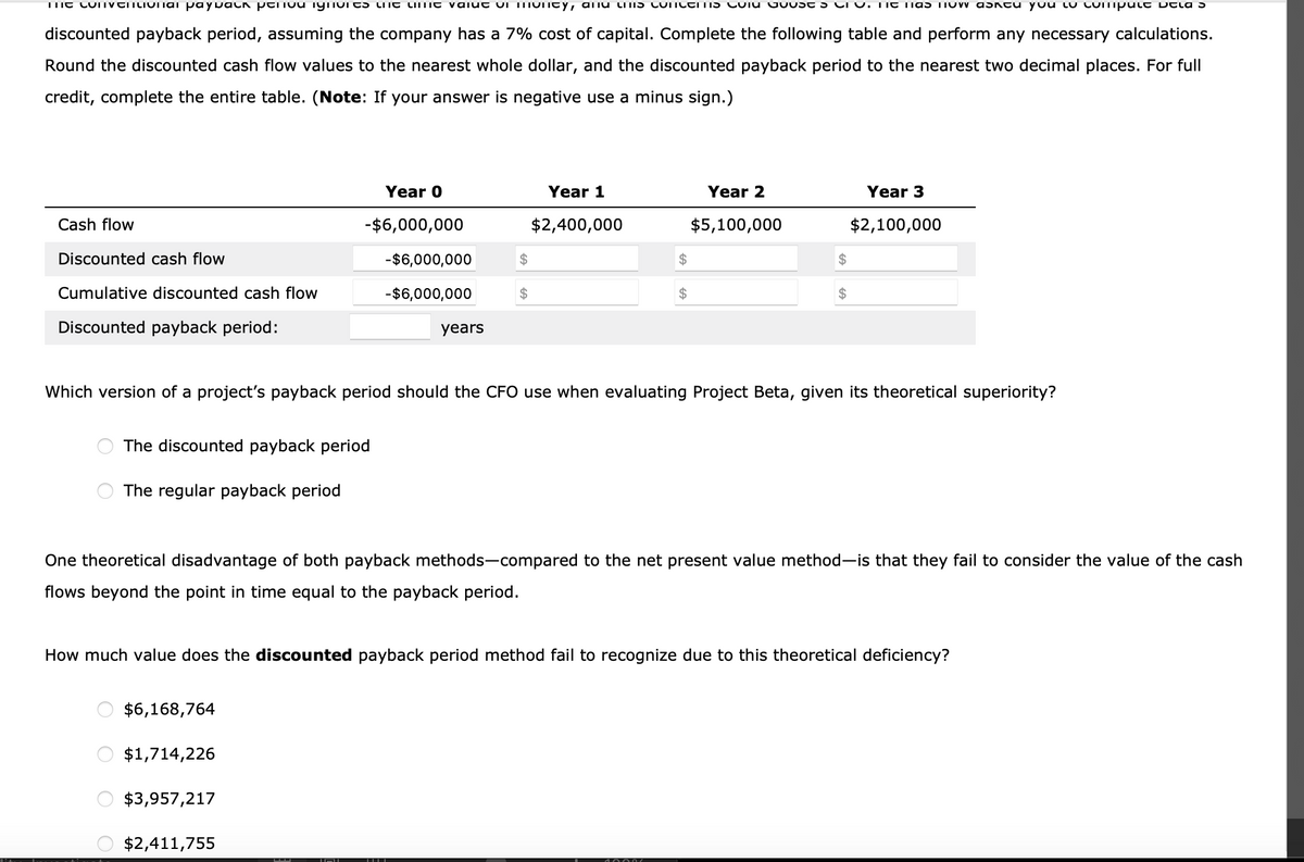 me conventional paypack periva ignores une une value vi muncy, and this concerns Cold Goose Chv. He has now asked you to compute Dela
discounted payback period, assuming the company has a 7% cost of capital. Complete the following table and perform any necessary calculations.
Round the discounted cash flow values to the nearest whole dollar, and the discounted payback period to the nearest two decimal places. For full
credit, complete the entire table. (Note: If your answer is negative use a minus sign.)
Cash flow
Discounted cash flow
Cumulative discounted cash flow
Discounted payback period:
The discounted payback period
The regular payback period
$6,168,764
Year 0
-$6,000,000
-$6,000,000
-$6,000,000
$1,714,226
$3,957,217
years
$2,411,755
$
IMI
Year 1
$2,400,000
Which version of a project's payback period should the CFO use when evaluating Project Beta, given its theoretical superiority?
$
$
One theoretical disadvantage of both payback methods-compared to the net present value method-is that they fail to consider the value of the cash
flows beyond the point in time equal to the payback period.
Year 2
$5,100,000
How much value does the discounted payback period method fail to recognize due to this theoretical deficiency?
$
Year 3
$2,100,000