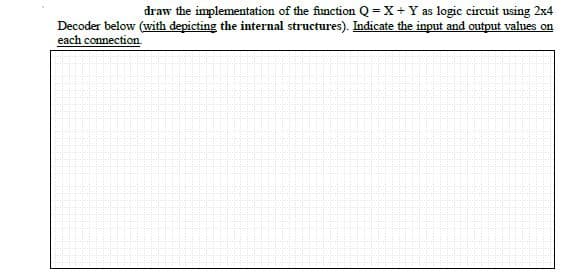 draw the implementation of the function Q = X+ Y as logic circuit using 2x4
Decoder below (with depicting the internal structures). Indicate the input and output values on
each connection
