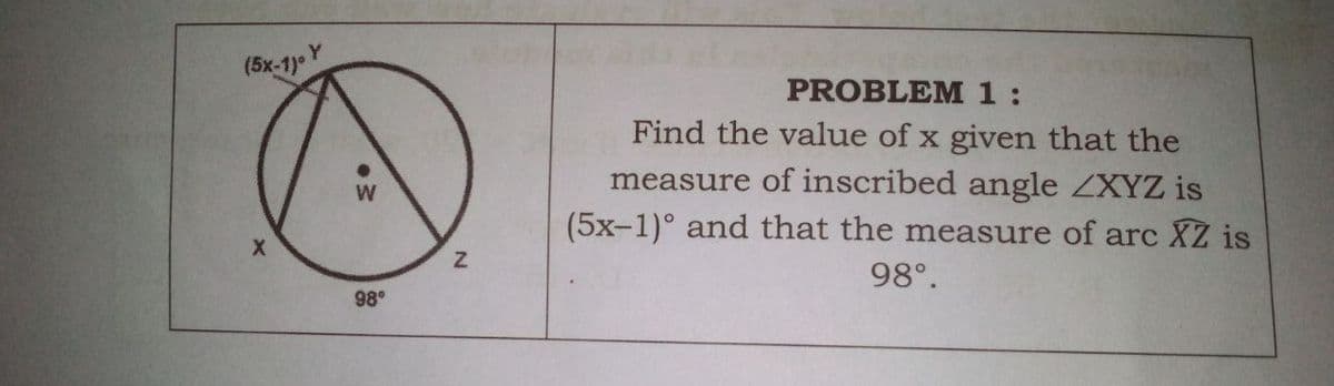 (5x-1) Y
PROBLEM 1:
Find the value of x given that the
measure of inscribed angle ZXYZ is
(5x-1)° and that the measure of arc XZ is
98°.
98°
