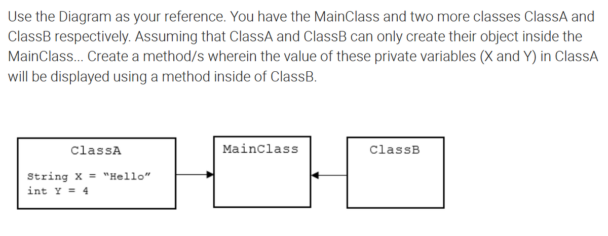 Use the Diagram as your reference. You have the MainClass and two more classes ClassA and
ClassB respectively. Assuming that ClassA and ClassB can only create their object inside the
MainClass.. Create a method/s wherein the value of these private variables (X and Y) in ClassA
will be displayed using a method inside of ClassB.
ClassA
Mainclass
ClassB
String X = "Hello"
int Y = 4
