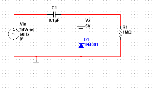 C1
0.1pF
V2
Vin
6V
R1
14Vrms
60HZ
1MO
0°
D1
1N4001
