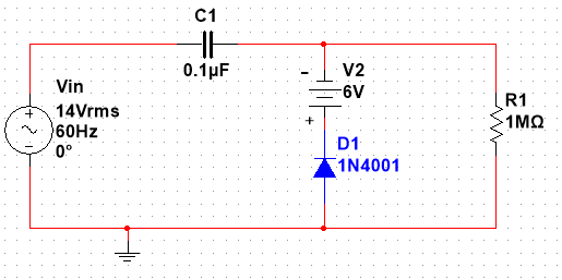 C1
0.1 μF
V2
Vin
6V
R1
14Vrms
v )60HZ
0°
1MQ
D1
1N4001
