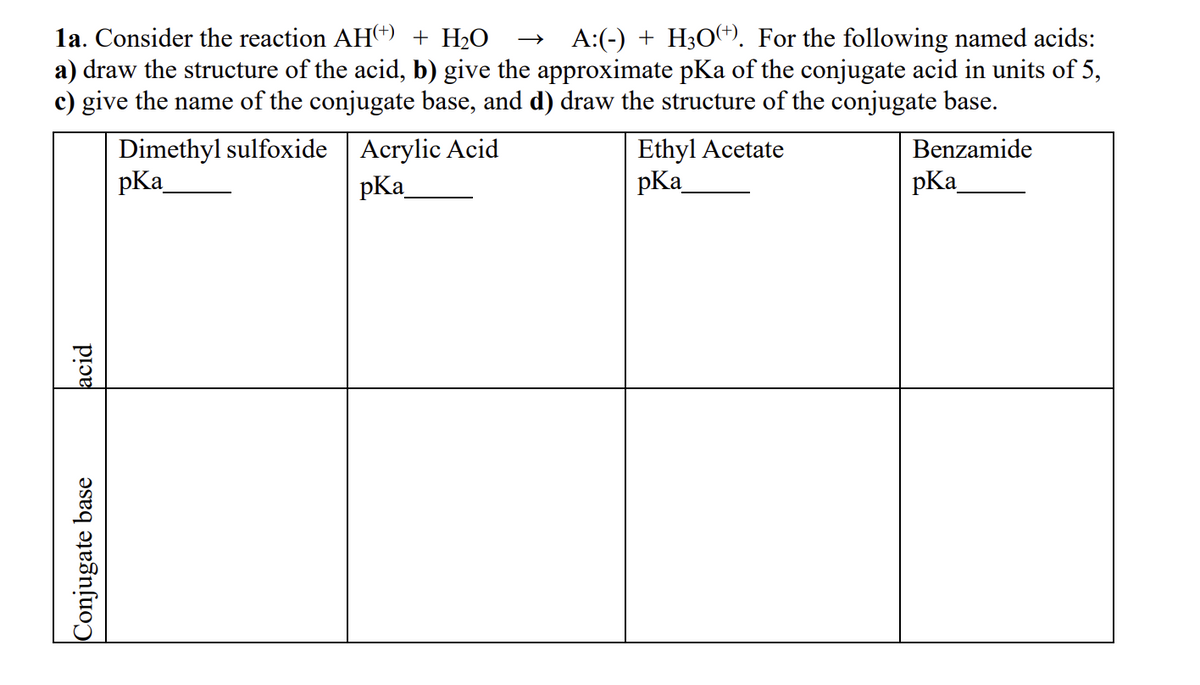 Conjugate base
acid
1a. Consider the reaction AH(+) + H₂O →> A:(-) + H3O+). For the following named acids:
a) draw the structure of the acid, b) give the approximate pKa of the conjugate acid in units of 5,
c) give the name of the conjugate base, and d) draw the structure of the conjugate base.
Dimethyl sulfoxide
pKa
Acrylic Acid
pKa
Ethyl Acetate
pKa
Benzamide
pKa