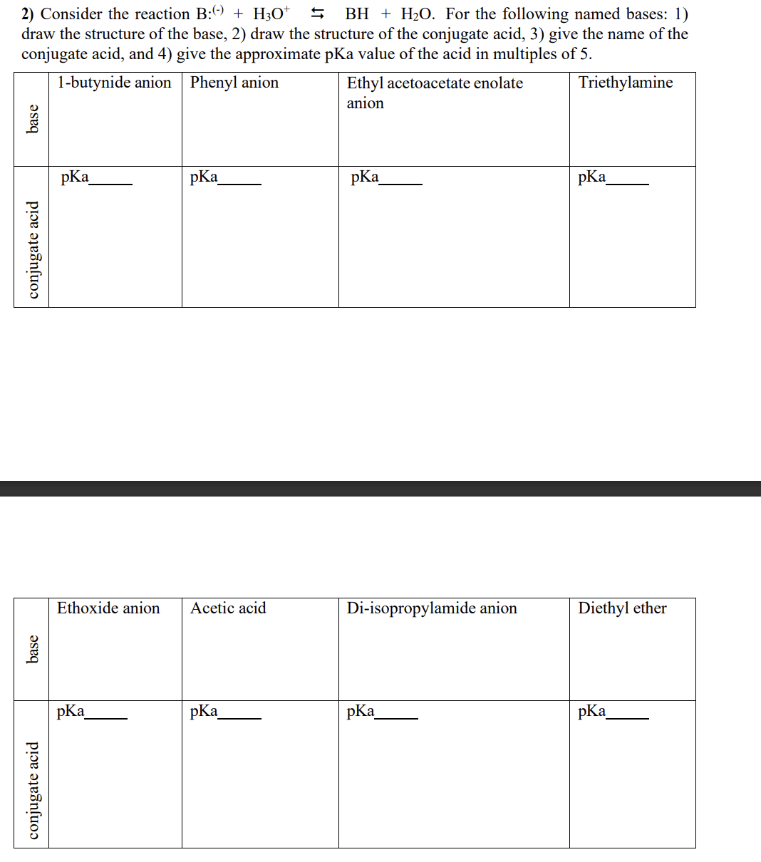 2) Consider the reaction B: + H3O+ BH+H₂O. For the following named bases: 1)
draw the structure of the base, 2) draw the structure of the conjugate acid, 3) give the name of the
conjugate acid, and 4) give the approximate pKa value of the acid in multiples of 5.
1-butynide anion Phenyl anion
base
conjugate acid
base
conjugate acid
pKa
pKa
Ethoxide anion Acetic acid
pKa
pKa
Ş
Ethyl acetoacetate enolate
anion
pKa
Di-isopropylamide anion
pKa
Triethylamine
pKa
Diethyl ether
pKa