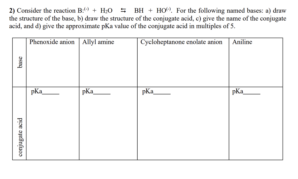 conjugate acid
base
Phenoxide anion Allyl amine
2) Consider the reaction B: (-) + H₂O
BH + HO. For the following named bases: a) draw
the structure of the base, b) draw the structure of the conjugate acid, c) give the name of the conjugate
acid, and d) give the approximate pKa value of the conjugate acid in multiples of 5.
pKa
Cycloheptanone enolate anion Aniline
pKa
pKa
pKa