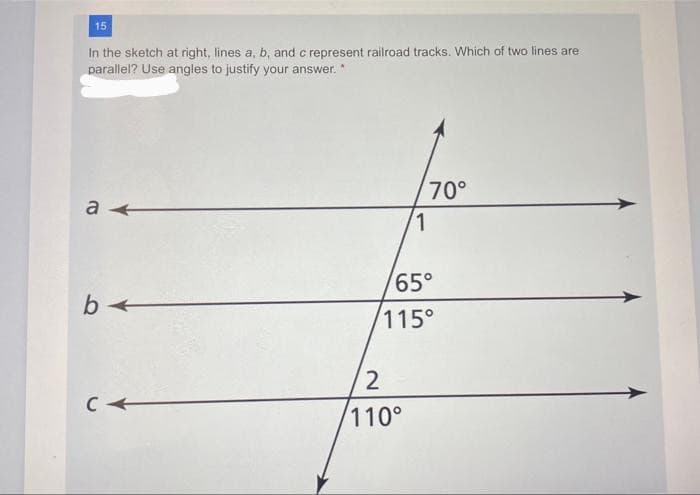 15
In the sketch at right, lines a, b, and c represent railroad tracks. Which of two lines are
parallel? Use angles to justify your answer. *
70°
65°
115°
110°
