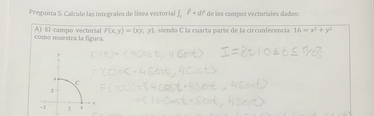 Pregunta 5. Calcule las integrales de línea vectorial fdr de los campos vectoriales dados:
A) El campo vectorial F(x, y) = (xy, y), siendo C la cuarta parte de la circunferencia 16 = x² + y²
como muestra la figura.
2
40
C
(E) (HCost, 4 Sent>
rco=<-4 Sent, 4CES
I=tloste YES
F (rc)=4cest 4 sent, 4 sent)
-C16Cost Sent, 4 sent>
2
4