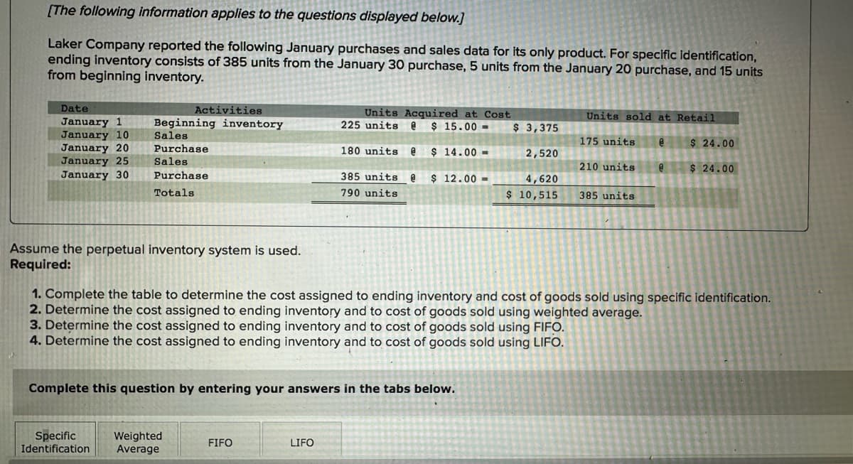 [The following information applies to the questions displayed below.]
Laker Company reported the following January purchases and sales data for its only product. For specific Identification,
ending inventory consists of 385 units from the January 30 purchase, 5 units from the January 20 purchase, and 15 units
from beginning inventory.
Date
January 1
Activities
January 10
January 20
Beginning inventory
Sales
Purchase
Units Acquired at Cost
225 units @ $ 15.00-
Units sold at Retail
$ 3,375
175 units @
$ 24.00
180 units @
$ 14.00-
January 25
Sales
January 30
Purchase
Totals
385 units e
790 units
$ 12.00=
2,520
4,620
$ 10,515
210 units @
$ 24.00
385 units
Assume the perpetual inventory system is used.
Required:
1. Complete the table to determine the cost assigned to ending inventory and cost of goods sold using specific identification.
2. Determine the cost assigned to ending inventory and to cost of goods sold using weighted average.
3. Determine the cost assigned to ending inventory and to cost of goods sold using FIFO.
4. Determine the cost assigned to ending inventory and to cost of goods sold using LIFO.
Complete this question by entering your answers in the tabs below.
Specific
Identification
Weighted
Average
FIFO
LIFO