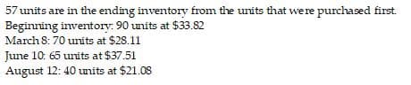 57 units are in the ending inventory from the units that were purchased first.
Beginning inventory: 90 units at $33.82
March 8: 70 units at $28.11
June 10: 65 units at $37.51
August 12:40 units at $21.08