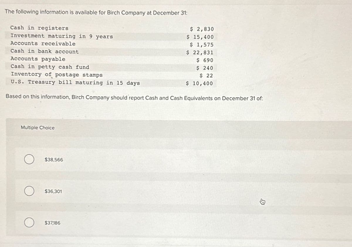 The following information is available for Birch Company at December 31:1
Cash in registers
Investment maturing in 9 years
Accounts receivable
Cash in bank account
Accounts payable
Cash in petty cash fund
Inventory of postage stamps
U.S. Treasury bill maturing in 15 days
$ 2,830
$ 15,400
$ 1,575
$ 22,831
$ 690
$ 240
$ 22
$ 10,400
Based on this information, Birch Company should report Cash and Cash Equivalents on December 31 of:
Multiple Choice
О
$38,566
О
$36,301
О
$37,186