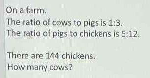 On a farm.
The ratio of cows to pigs is 1:3.
The ratio of pigs to chickens is 5:12.
There are 144 chickens.
How many cows?