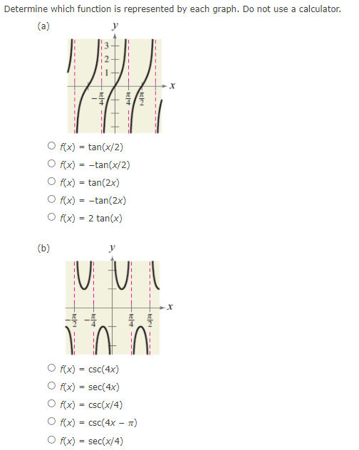 Determine which function is represented by each graph. Do not use a calculator.
(a)
O f(x) = tan(x/2)
O f(x) = -tan(x/2)
O f(x) = tan(2x)
O f(x) = -tan(2x)
O f(x) = 2 tan(x)
(b)
。是
O f(x) = csc(4x)
O f(x) = sec(4x)
O f(x) = csc(x/4)
O f(x) = csc(4x – n)
O f(x) = sec(x/4)
