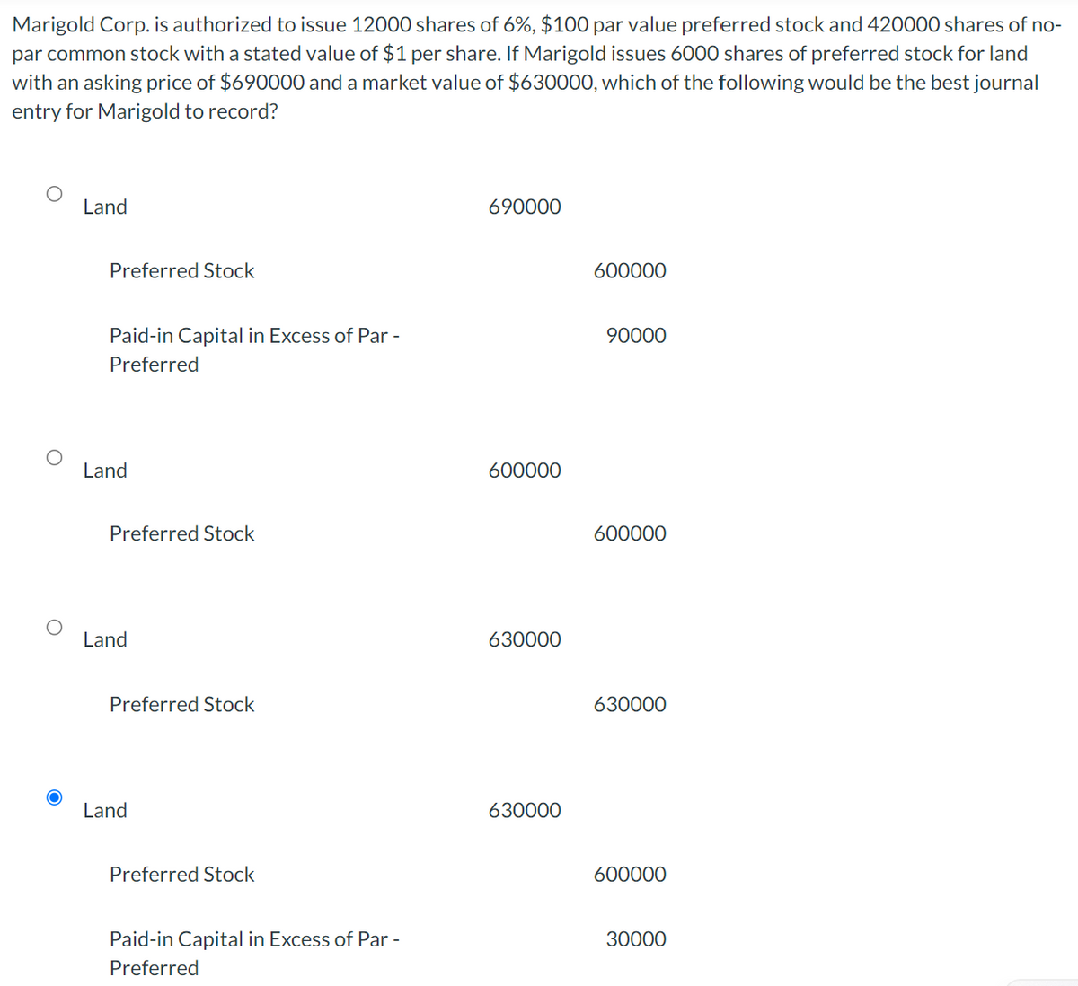 Marigold Corp. is authorized to issue 12000 shares of 6%, $100 par value preferred stock and 420000 shares of no-
par common stock with a stated value of $1 per share. If Marigold issues 6000 shares of preferred stock for land
with an asking price of $690000 and a market value of $630000, which of the following would be the best journal
entry for Marigold to record?
Land
Preferred Stock
Paid-in Capital in Excess of Par -
Preferred
Land
Preferred Stock
Land
Preferred Stock
Land
Preferred Stock
Paid-in Capital in Excess of Par -
Preferred
690000
600000
630000
630000
600000
90000
600000
630000
600000
30000