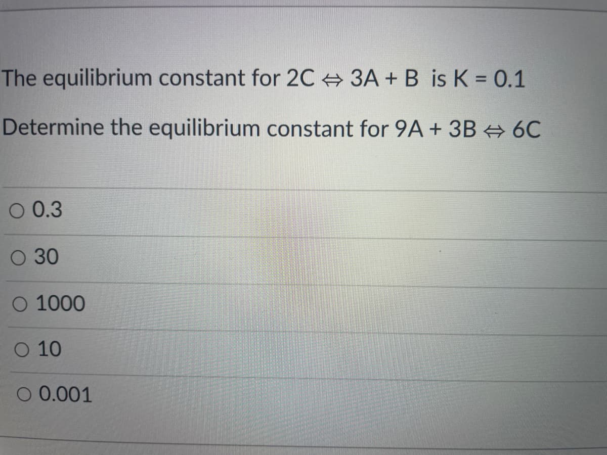 The equilibrium constant for 2C 3A + B is K = 0.1
Determine the equilibrium constant for 9A+ 3B + 6C
O 0.3
О 30
O 1000
O 10
O 0.001
