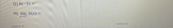 G) h(-5) =
H) lim h(x) =
X-3-
Limit is-5
Limit is 11